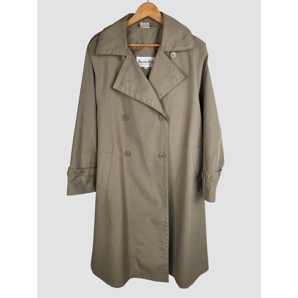 Vintage Saxton Hall Trench Coat Sz 14P Tan Double-Breasted Button Cuffs Midi